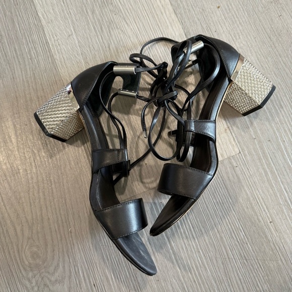Calvin Klein Natania Black Leather Strappy Lace Up Dress Sandals Silver Heel 7 - Picture 3 of 11